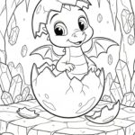 Omalovánka zachycuje okamžik, kdy se roztomilé dráče právě klube z obrovského vejce, obklopeného zářivými krystaly v tajemné jeskyni.