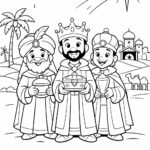 Omalovánka Tři králové – tři mudrci s dary pod betlémskou hvězdou, černobílá line art, formát A4
