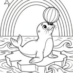 Černobílá omalovánka roztomilého tuleně balancujícího pruhovaný míč na nose, stojícího na kře s duhou a sluncem v pozadí.