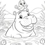 Omalovánka - Hroch se koupe v řece obklopen lekníny, s malým ptáčkem sedícím na jeho hlavě.