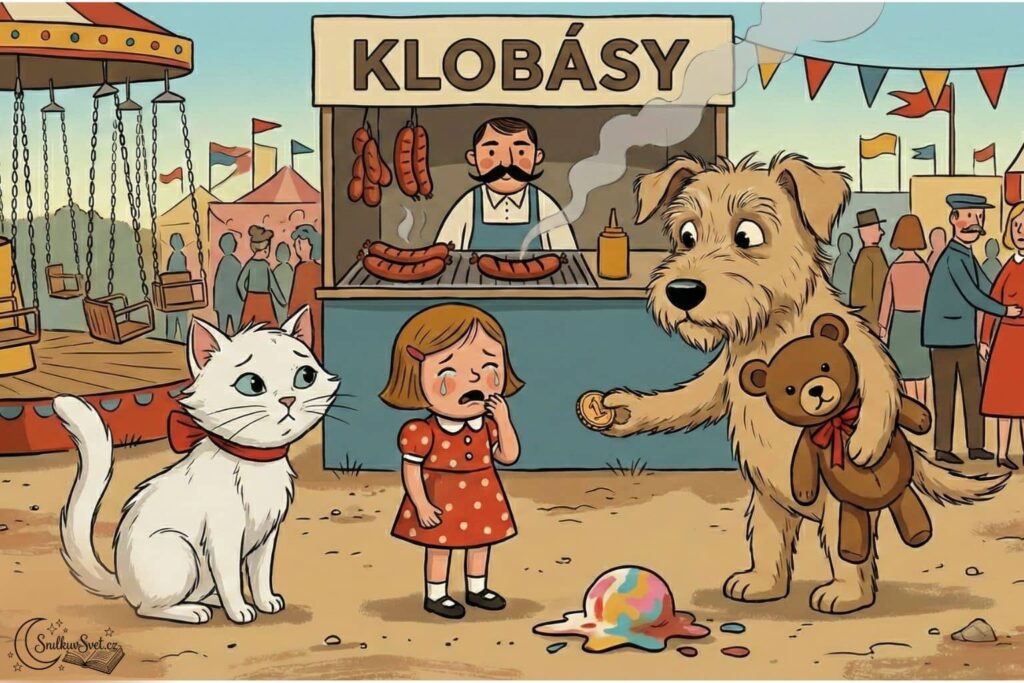 Ilustrace v moderním 2D Disney stylu inspirovaná Josefem Čapkem. Bílý kocourek s červenou mašlí a hnědý chlupatý pejsek s plyšovým medvídkem stojí na pouti u plačící holčičky. Holčička drží prázdný kornout a na zemi se rozpouští kopeček barevné zmrzliny. V pozadí je stánek s nápisem „KLOBÁSY“ a řetízkový kolotoč.