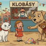 Ilustrace v moderním 2D Disney stylu inspirovaná Josefem Čapkem. Bílý kocourek s červenou mašlí a hnědý chlupatý pejsek s plyšovým medvídkem stojí na pouti u plačící holčičky. Holčička drží prázdný kornout a na zemi se rozpouští kopeček barevné zmrzliny. V pozadí je stánek s nápisem „KLOBÁSY“ a řetízkový kolotoč.