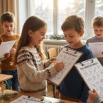 Skupina dětí ve třídě při aktivitě a vyplňování po-vánočního BINGA.