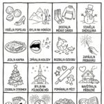 Černobílý pracovní list Po-vánoční Bingo pro děti s obrázky k vybarvení a úkoly.