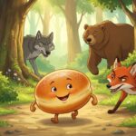 Veselý koblízek se kutálí po lesní cestě a za ním v pozadí vykukuje zajíc, vlk, medvěd a liška.