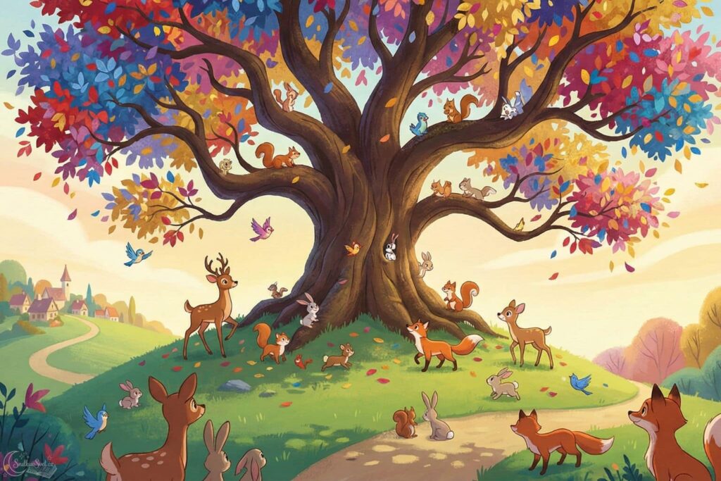 Pohádková ilustrace velkého košatého stromu na kopci, který má listy hrající všemi barvami duhy. U kořenů stromu sedí šťastná lesní zvířátka – koloušek, zajíci, veverky a sova.