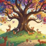 Pohádková ilustrace velkého košatého stromu na kopci, který má listy hrající všemi barvami duhy. U kořenů stromu sedí šťastná lesní zvířátka – koloušek, zajíci, veverky a sova.