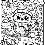Zimní pop art omalovánka se sovou v čepici a šále na zasněžené větvi pro děti