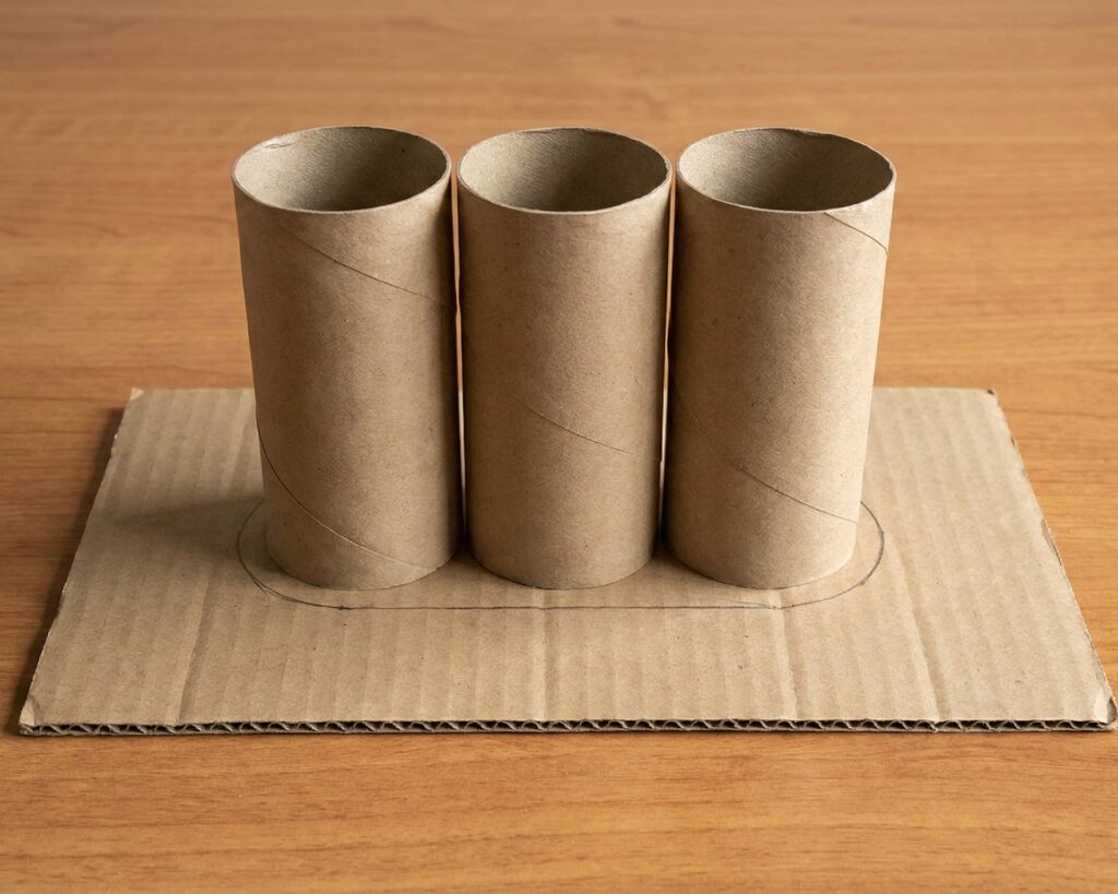 Detailní záběr na tři papírové ruličky stojící na kartonu s předkresleným obrysem pro vystřižení dna.