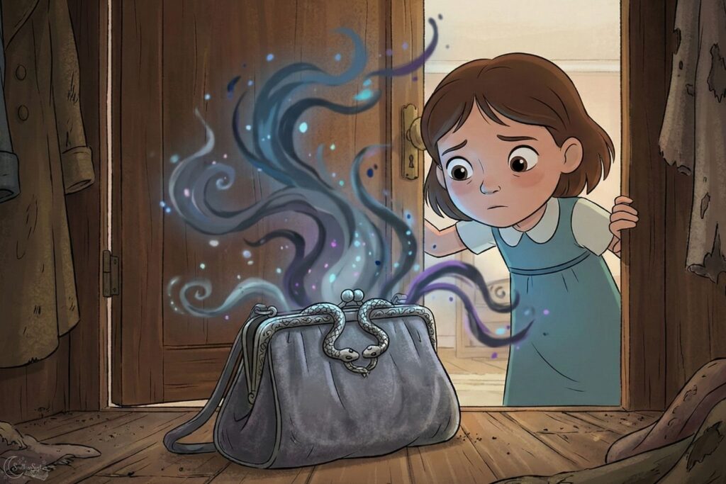 Malá hnědovlasá dívka s udiveným výrazem vykukuje zpoza dveří staré skříně, na jejímž dně leží šedá sametová kabelka se stříbrným zapínáním ve tvaru hadů, ze které uniká magický kouř v odstínech modré a fialové.