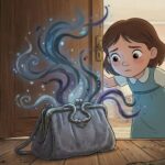 Malá hnědovlasá dívka s udiveným výrazem vykukuje zpoza dveří staré skříně, na jejímž dně leží šedá sametová kabelka se stříbrným zapínáním ve tvaru hadů, ze které uniká magický kouř v odstínech modré a fialové.