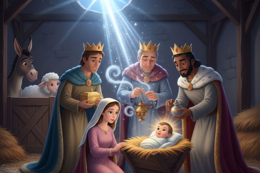 Ilustrace tří králů v moderním 2D Disney stylu, jak předávají dary malému Ježíškovi v jesličkách za přítomnosti Marie a zvířátek.