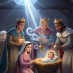 Ilustrace tří králů v moderním 2D Disney stylu, jak předávají dary malému Ježíškovi v jesličkách za přítomnosti Marie a zvířátek.
