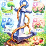 Barevná 2D ilustrace ve stylu moderní Disney. Uprostřed je kotva obtočená lanem jako symbol uzemnění, kolem ní jsou ikonky znázorňující zrak, hmat, sluch, čich a chuť v rámci cvičení pěti smyslů.