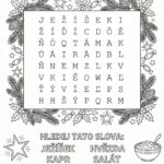 Dětská vánoční osmisměrka s obrázky k vybarvení a slovy jako kapr a stromeček.