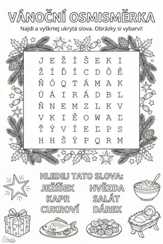 Vánoční osmisměrka pro děti: Zábavné luštění a omalovánka v jednom