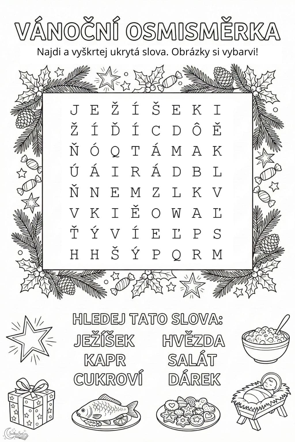 Vánoční osmisměrka pro děti: Zábavné luštění a omalovánka v jednom