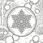 Černobílá line art omalovánka sněhové vločky vznášející se v bublině v zasněžené zimní zahradě.