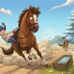 Hnědý kůň prudce zastavil u plotu, malá jezdkyně se drží nakřivo v sedle, v pozadí mizí ostatní koně v zatáčce.