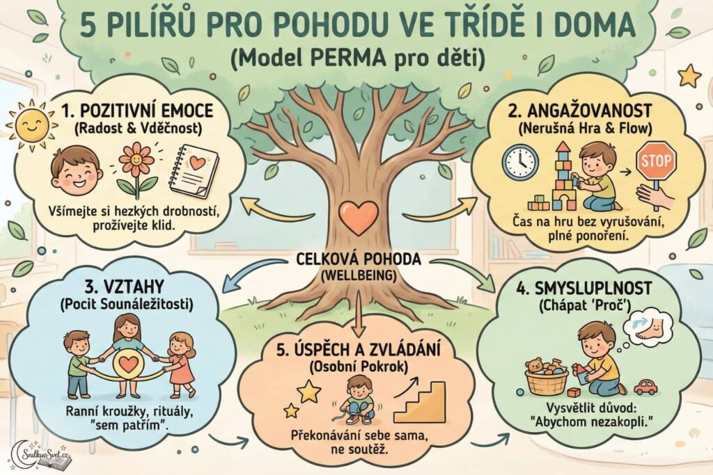 Infografika znázorňující 5 pilířů wellbeingu u dětí: Pozitivní emoce, Angažovanost, Vztahy, Smysluplnost a Úspěch, postavená na modelu PERMA v prostředí školky.