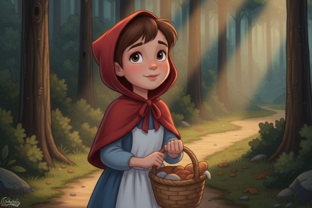 Červená karkulka s proutěným košíkem stojí na prahu temného lesa. Mezi stromy v pozadí ji skrytě pozoruje silueta vlka.