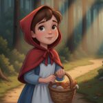 Červená karkulka s proutěným košíkem stojí na prahu temného lesa. Mezi stromy v pozadí ji skrytě pozoruje silueta vlka.