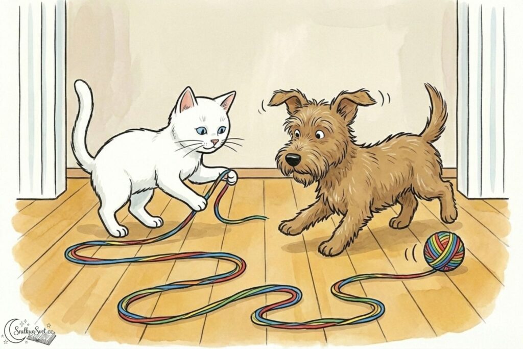 Pejsek a kočička si hrají v pokoji s pestrobarevným duhovým klubíčkem vlny, které se rozmotává po podlaze.
