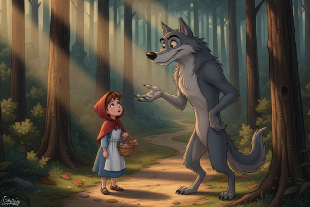 Červená karkulka s košíkem mluví se šedým vlkem na lesní cestě pod vysokými stromy.