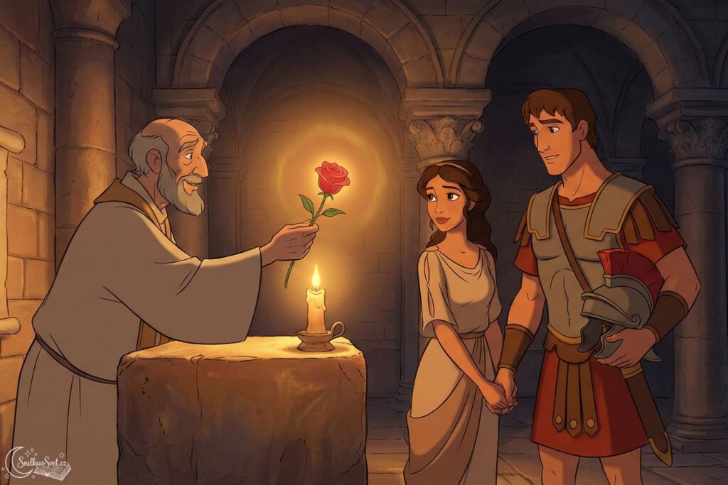 Ilustrace svatého Valentýna, který v kamenné chodbě podává zamilovanému páru červenou růži při světle svíčky.