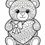 Omalovánka mandala ve tvaru medvídka se srdcem. Jednoduchý line art vhodný k vytištění