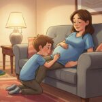 Malý chlapec Matěj šeptá do maminčina těhotenského bříška na gauči.