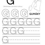 Pracovní list pro písmeno G s ilustrací holínek a tréninkovými řádky.