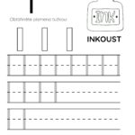 Pracovní list pro písmeno I s ilustrací inkoustu a tréninkovými linkami.