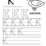 Pracovní list pro písmeno K s ilustrací kachny a prostorem pro psaní