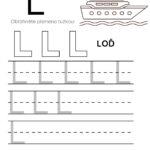 Pracovní list pro písmeno L s obrázkem lodi a řádky pro nácvik.
