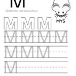 Pracovní list pro písmeno M s ilustrací myši a tréninkovými řádky.