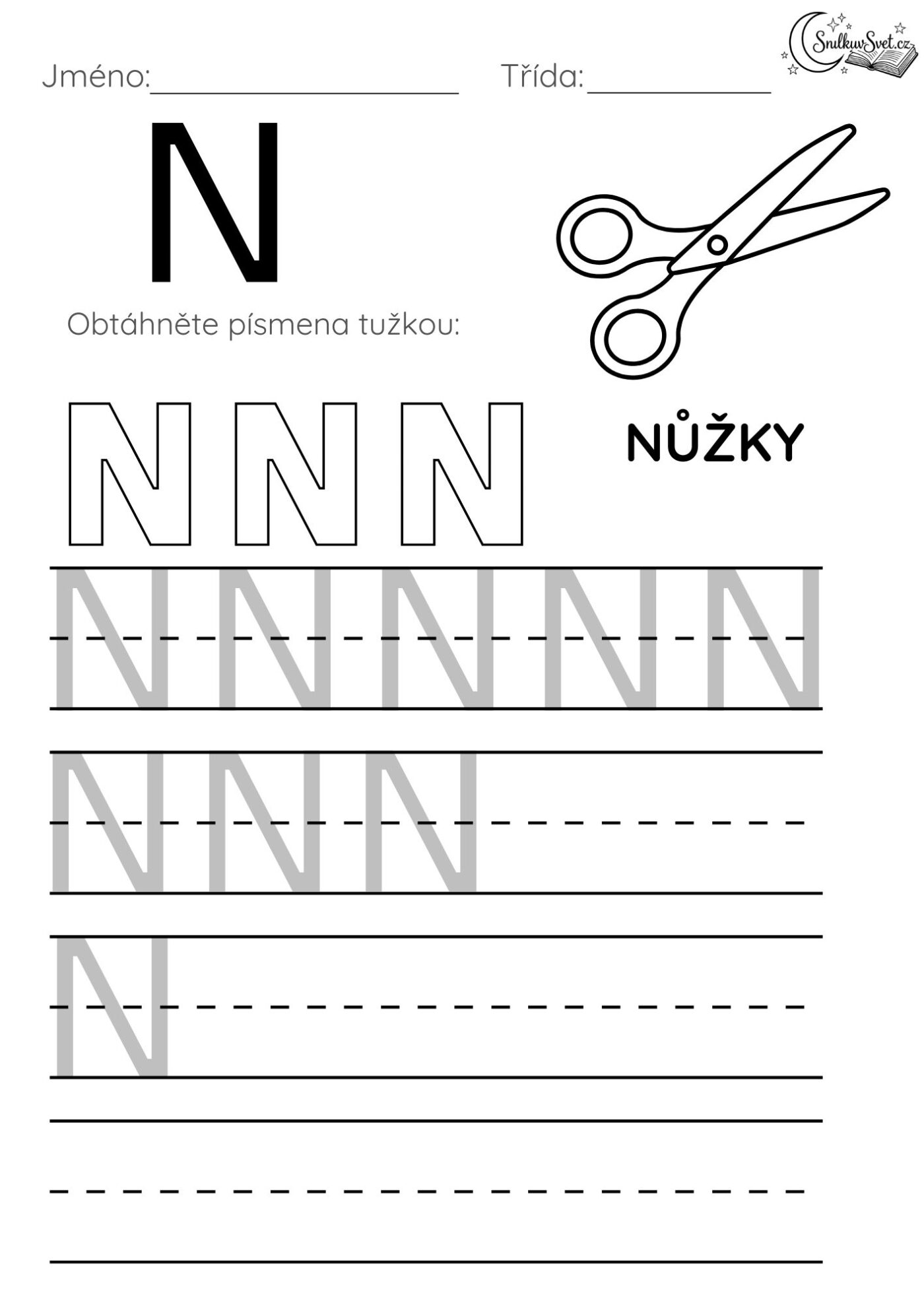 Písmeno N: Hravý pracovní list pro děti