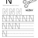 Pracovní list pro písmeno N s obrázkem nůžek a řádky pro psaní.