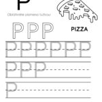 Pracovní list pro písmeno P s ilustrací pizzy a řádky pro psaní.