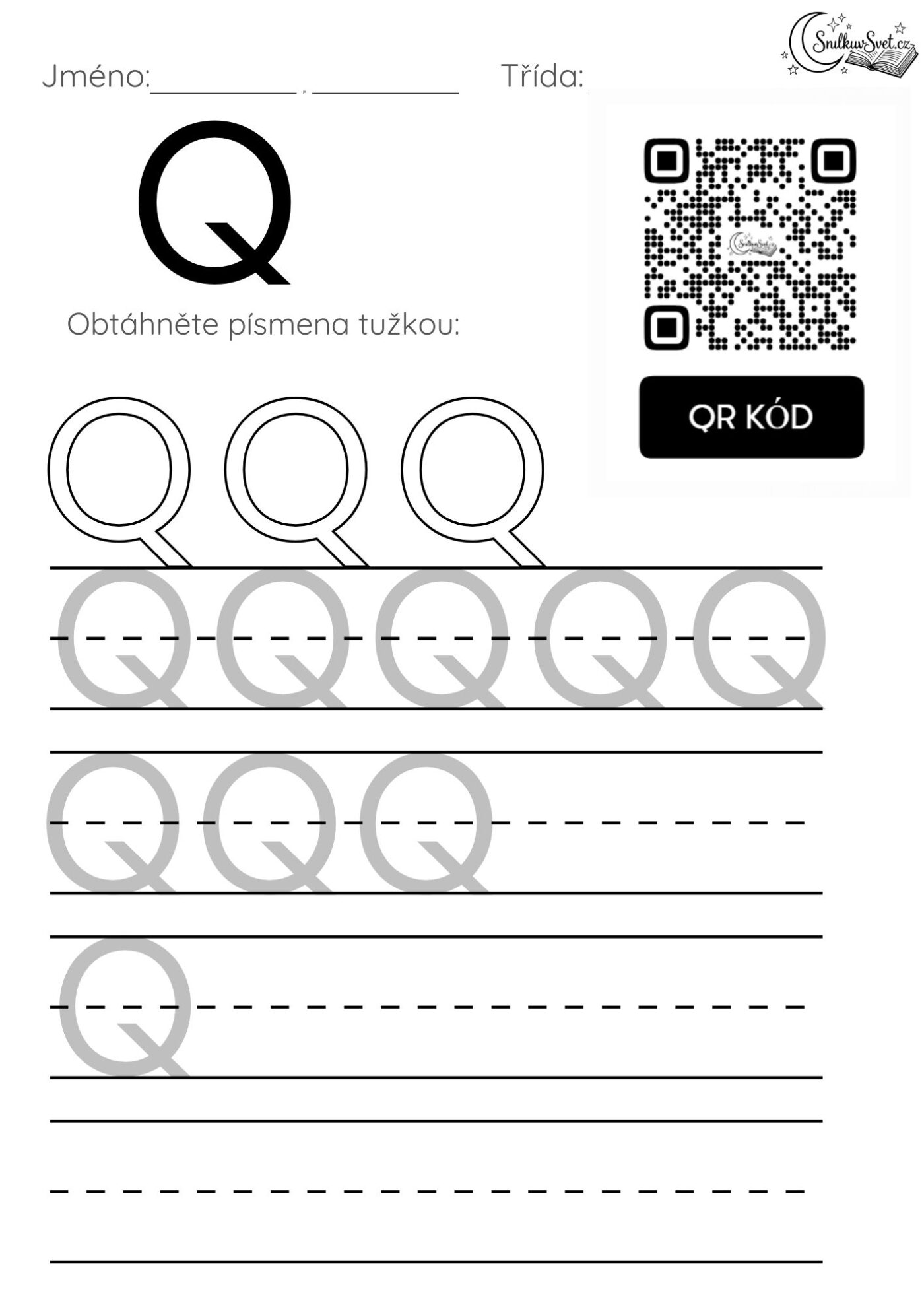 Písmeno Q: Hravý pracovní list pro děti