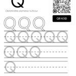 Pracovní list pro písmeno Q s obrázkem QR kódu a tréninkovými linkami.