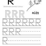 Pracovní list pro písmeno R s ilustrací růže a prostorem pro psaní.