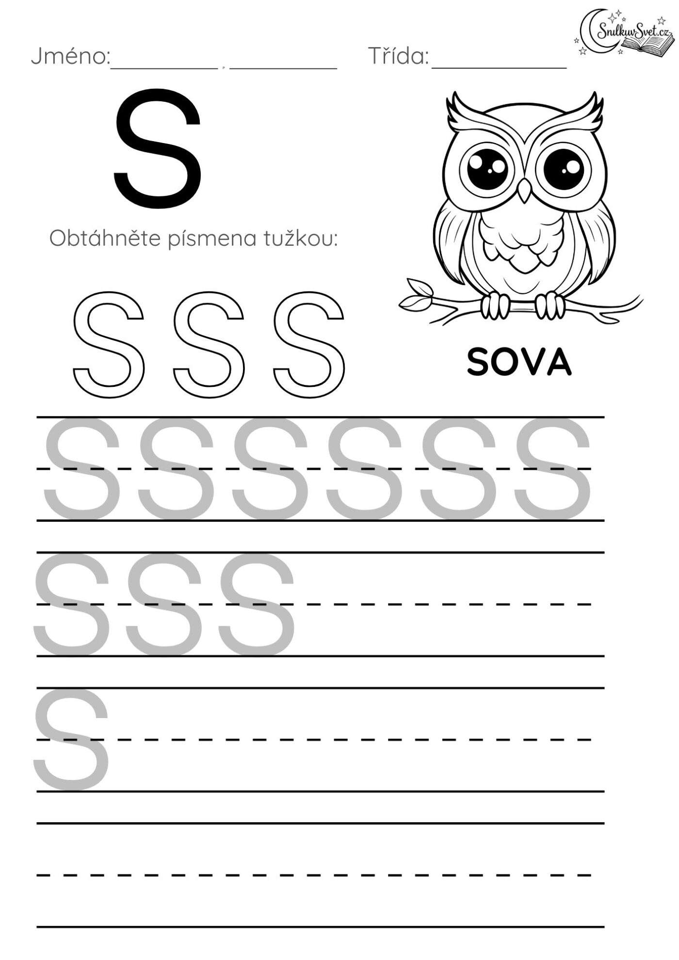Písmeno S: Hravý pracovní list pro děti