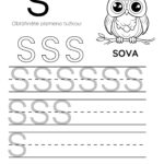 Pracovní list pro písmeno S s obrázkem sovy a řádky pro nácvik.