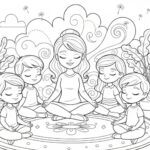 Omalovánka na téma Děti sedí v kruhu na měkkém koberci a společně s paní učitelkou zhluboka dýchají se zavřenýma očima.