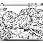 Omalovánka had v teráriu – jednoduchý černobílý line art s větví, kameny a miskou na vodu.