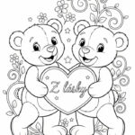 Omalovánka - Dva roztomilí medvídci držící společně jedno velké srdce s nápisem 'Z lásky'