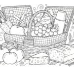 Černobílá line-art omalovánka piknikového koše s jablky, hroznovým vínem, mrkví, sýrem a chlebem na kostkované dece.