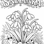 Omalovánka s jarními sněženkami a ozdobným nápisem „SNĚŽENKA“ k vybarvení, jednoduché line-art provedení na formátu A4.