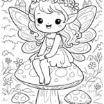Omalovánka: roztomilá víla sedí na muchomůrce v lese, černobílá line art kresba k tisku na A4.